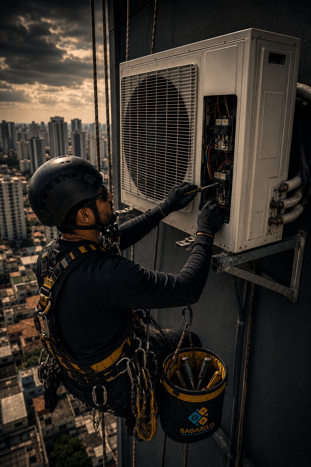 Técnico da Sagarelo em serviço de climatização em altura